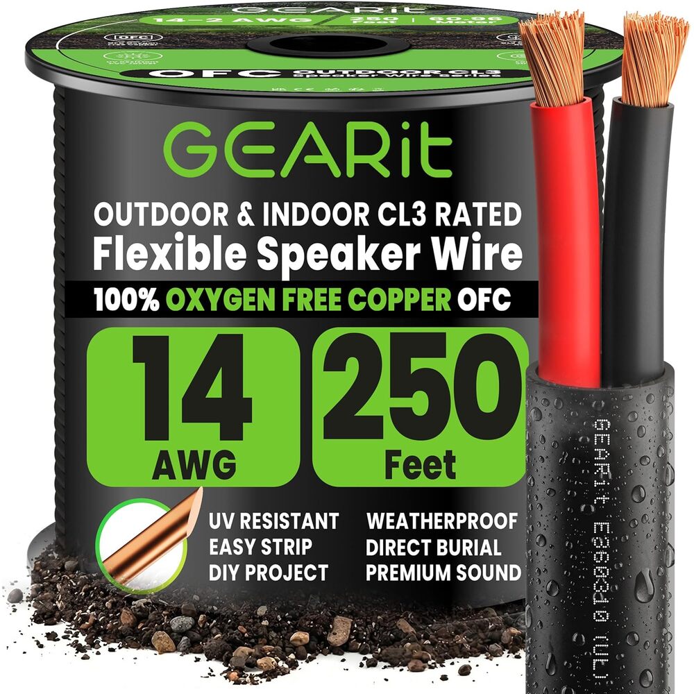 Speaker Wire 14 Gauge 250 ft UL CL3 Copper Wire, Polarity Mark OFC, 2-Conductors